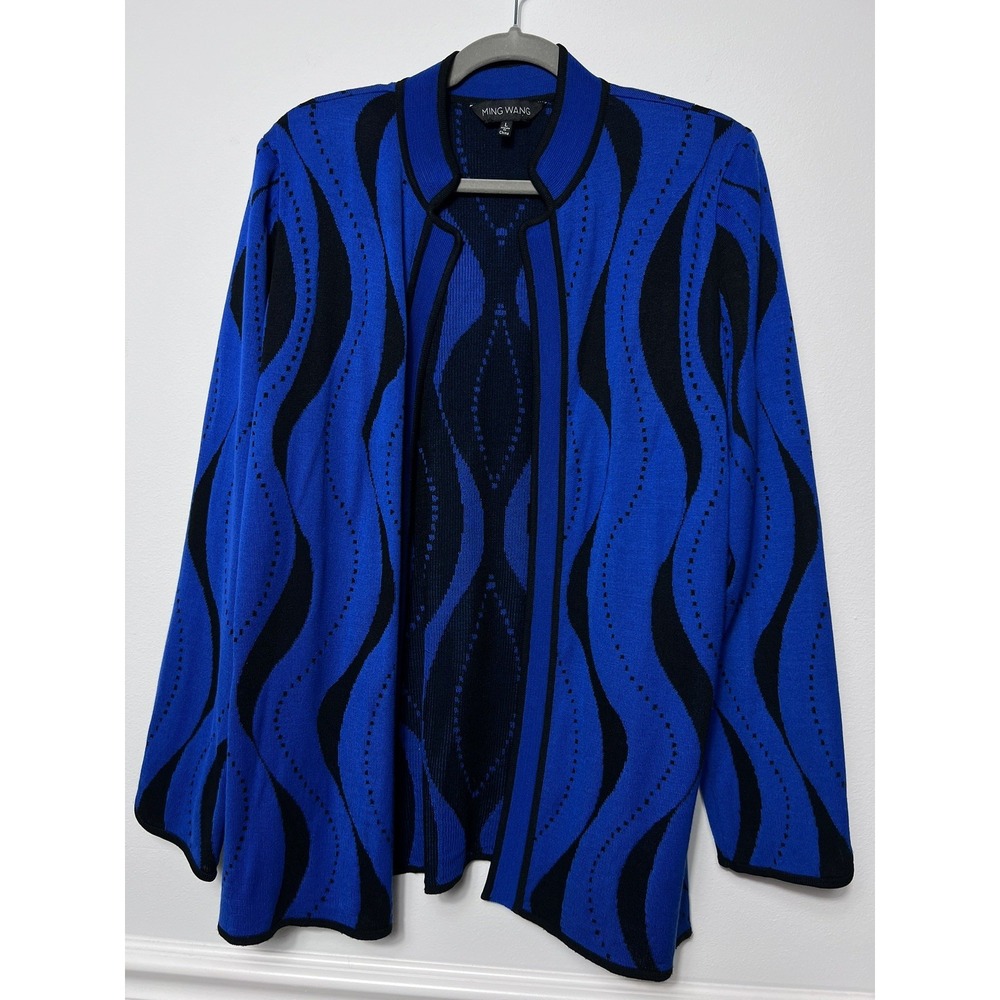 Ming Wang (L) Black/Blue Abstract Open Cardigan/Jacket Knit Ladylike Office Chic